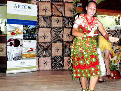 Staff member from Mango Restaurant & Bar performing a Tau'olunga (traditional Tongan solo dance)